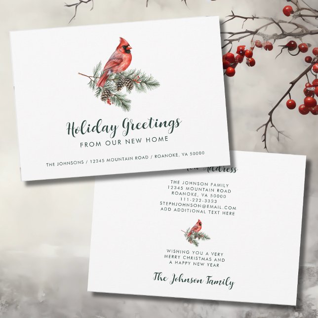Red Cardinal Holiday Greetings from New Home   Announcement (Red Cardinal Holiday Greetings from Our New Home Announcement Card with Envelope)