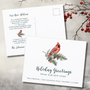 Red Cardinal Holiday Greetings from New Home Announcement Postcard