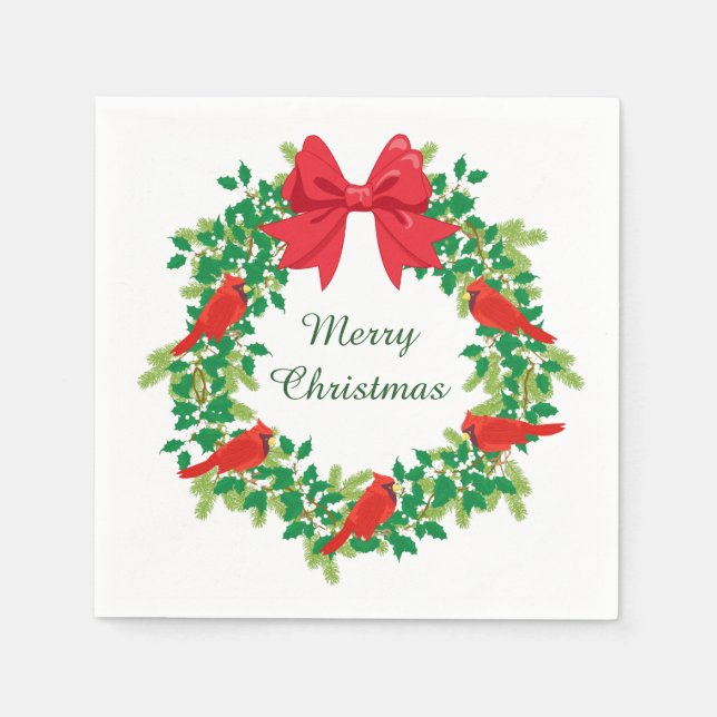 Red Cardinal Holiday Wreath Napkin (Front)