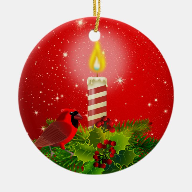 Red Cardinal, Holly and Candle Ceramic Tree Decoration (Front)