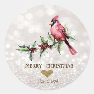 Red Cardinal Holly Berry Bokeh Classic Round Sticker