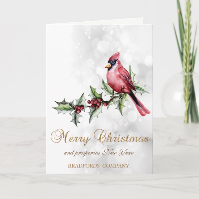 Red Cardinal Holly Berry Bokeh Company Holiday Card (Front)