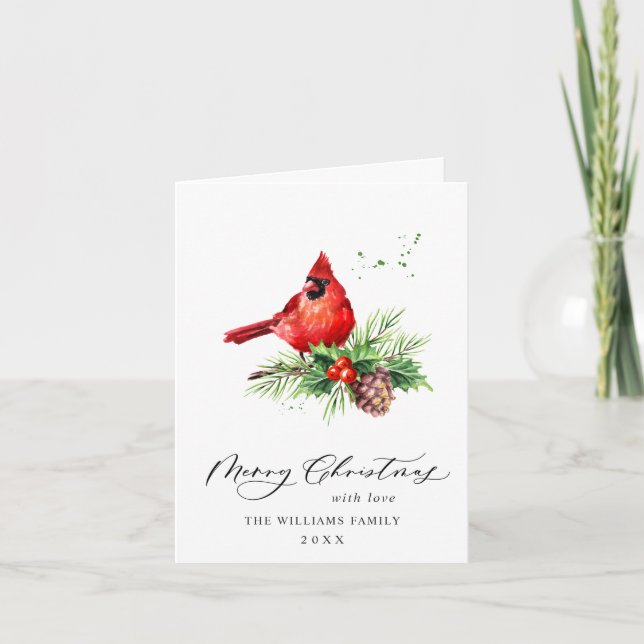 Red Cardinal Holly Berry Christmas Greeting Holiday Card (Front)