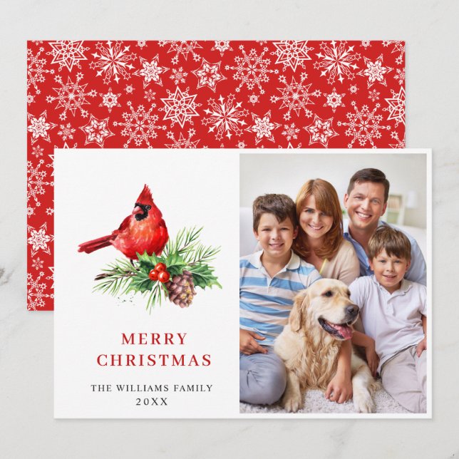 Red Cardinal Holly Berry Christmas Greeting PHOTO Holiday Card (Front/Back)
