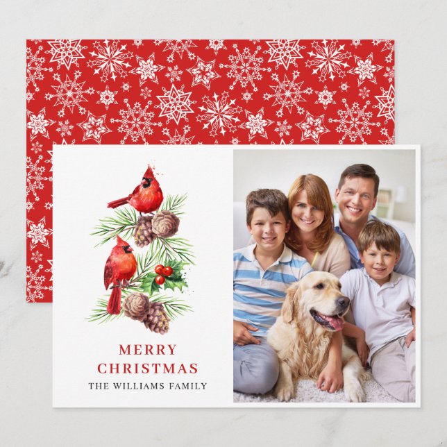 Red Cardinal Holly Berry Christmas Greeting PHOTO Holiday Card (Front/Back)