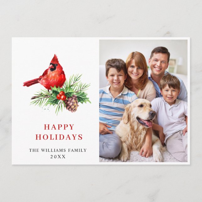 Red Cardinal Holly Berry Christmas Greeting PHOTO Holiday Card (Front)