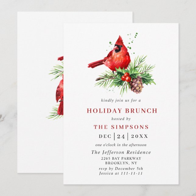 Red Cardinal Holly Berry Christmas HOLIDAY BRUNCH Invitation (Front/Back)