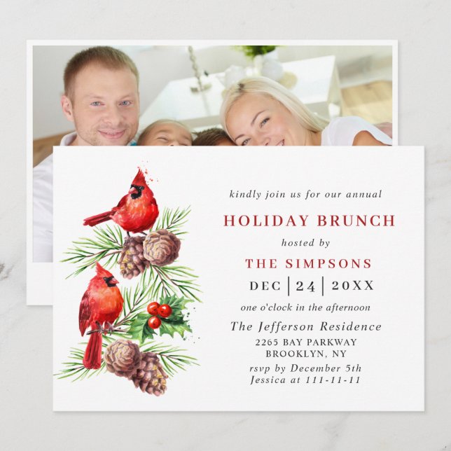 Red Cardinal Holly Berry Christmas HOLIDAY BRUNCH Invitation (Front/Back)