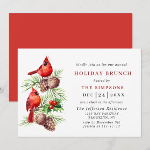 Red Cardinal Holly Berry Christmas HOLIDAY BRUNCH Invitation