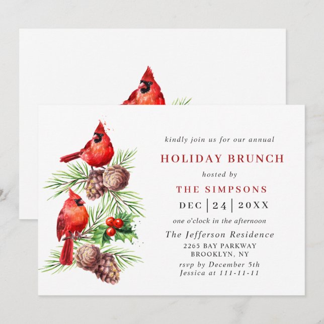 Red Cardinal Holly Berry Christmas HOLIDAY BRUNCH Invitation (Front/Back)