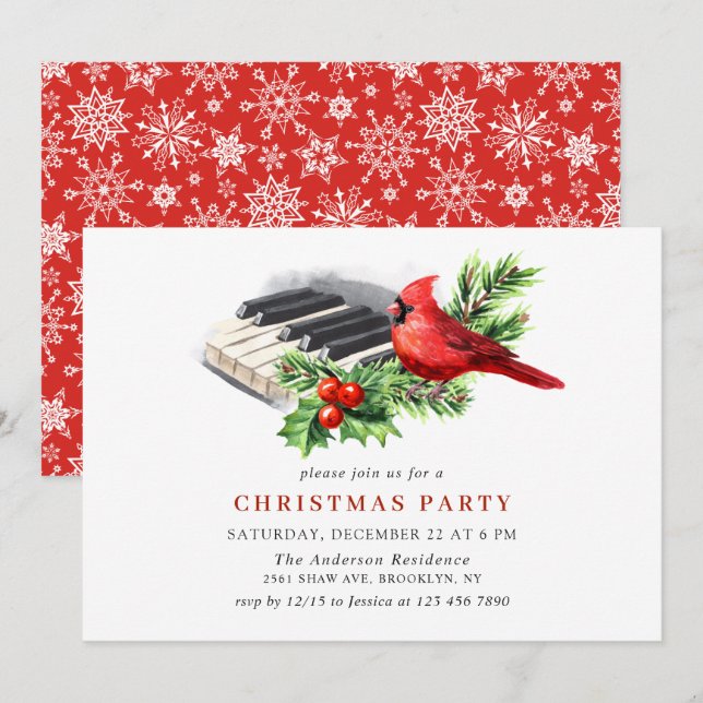 Red Cardinal Holly Berry Christmas Holiday Party I Invitation (Front/Back)