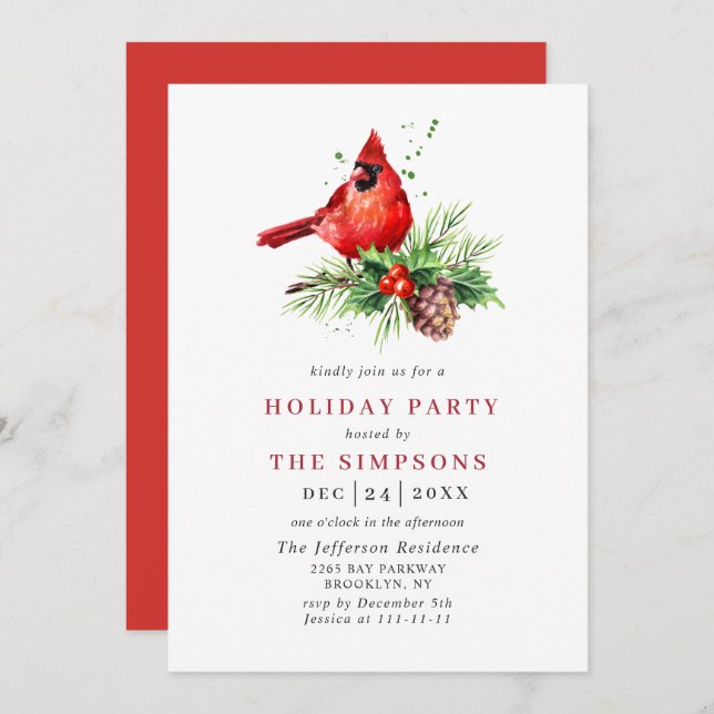 Red Cardinal Holly Berry Christmas Holiday Party Invitation (Front/Back)