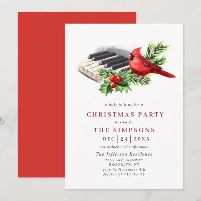 Red Cardinal Holly Berry Christmas Holiday Party Invitation (Front/Back)