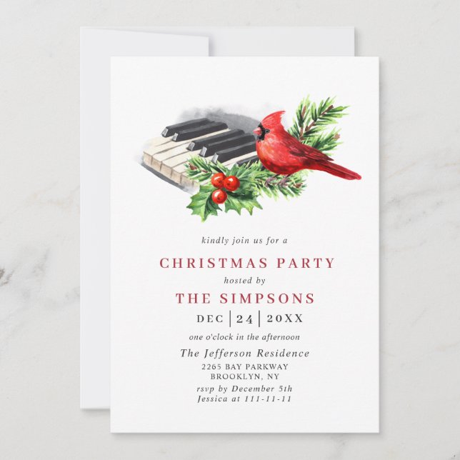 Red Cardinal Holly Berry Christmas Holiday Party Invitation (Front)