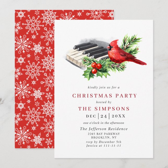 Red Cardinal Holly Berry Christmas Holiday Party Invitation (Front/Back)