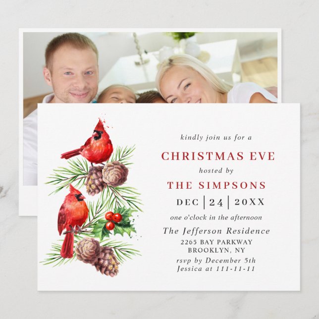 Red Cardinal Holly Berry Holiday CHRISTMAS EVE Invitation (Front/Back)