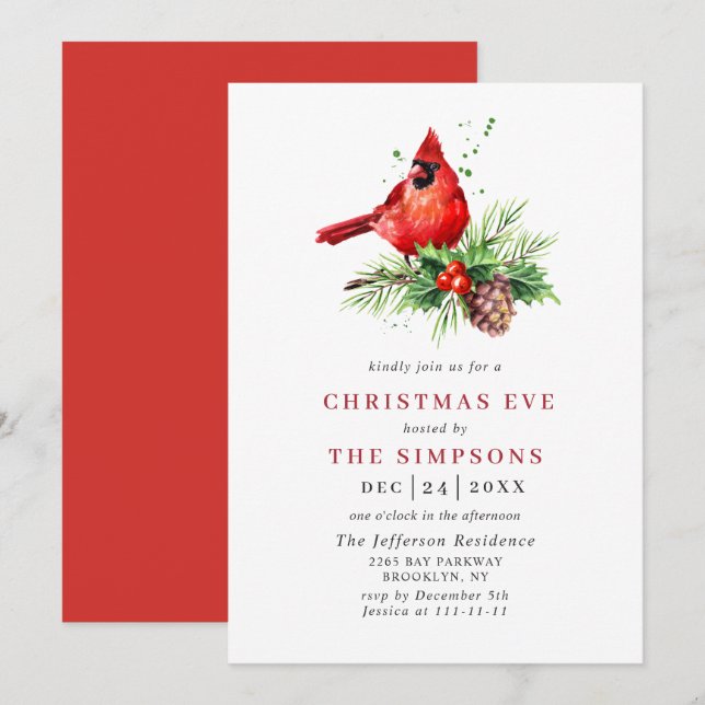 Red Cardinal Holly Berry Holiday CHRISTMAS EVE Invitation (Front/Back)