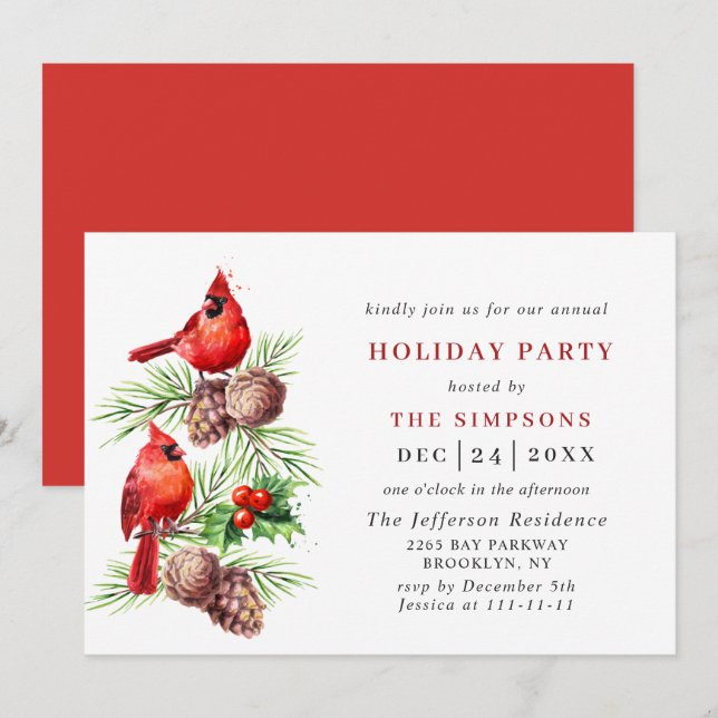 Red Cardinal Holly Berry Holiday CHRISTMAS PARTY Invitation (Front/Back)