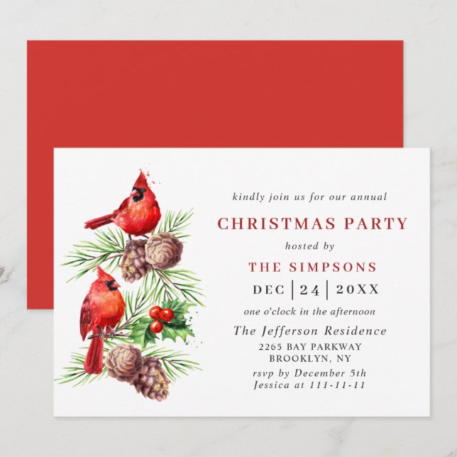 Red Cardinal Holly Berry Holiday CHRISTMAS PARTY Invitation (Front/Back)
