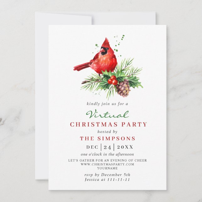 Red Cardinal Holly Berry VIRTUAL Christmas Party Invitation (Front)