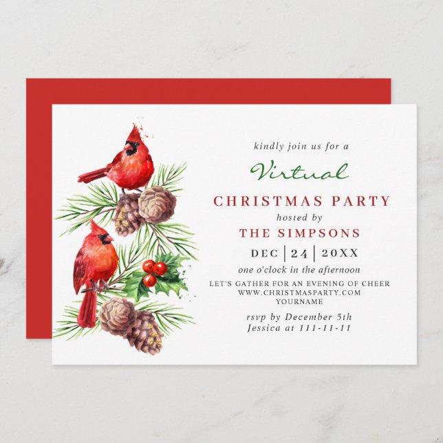 Red Cardinal Holly Berry VIRTUAL Christmas Party Invitation (Front/Back)
