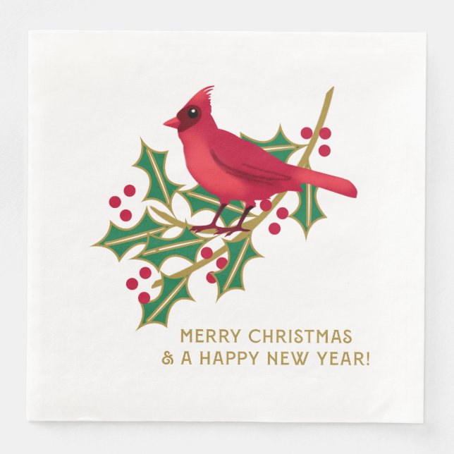 Red Cardinal Holly Branch Merry Christmas Napkin (Front)