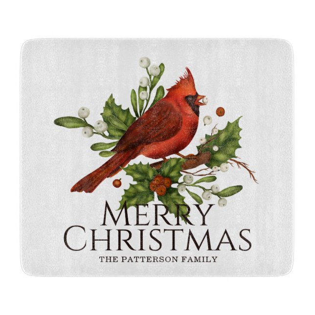 Red Cardinal Holly Christmas Custom Name Gift Cutting Board (Front)