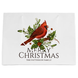 Red Cardinal Holly Christmas Custom Name Large Gift Bag