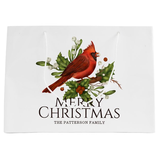 Red Cardinal Holly Christmas Custom Name Large Gift Bag (Front)