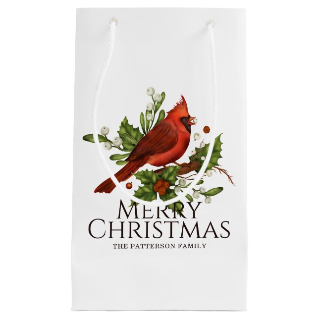 Red Cardinal Holly Christmas Custom Name Small Gift Bag (Front)