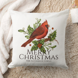 Red Cardinal Holly Christmas Name Gift Cushion
