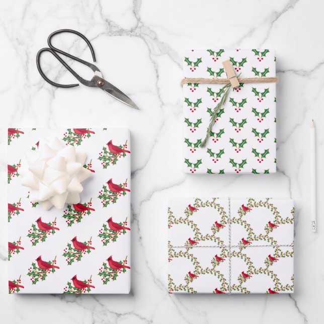 Red Cardinal Holly Leaves and Berries Christmas  Wrapping Paper Sheet (Front)