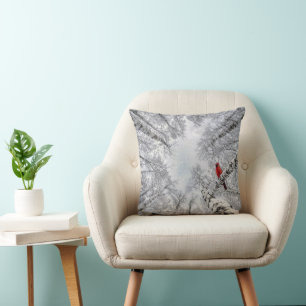 Red Cardinal In a Winter White Birch Forest Cushion