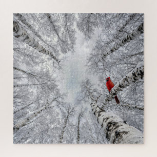 Red Cardinal In a Winter White Birch Forest Jigsaw Puzzle