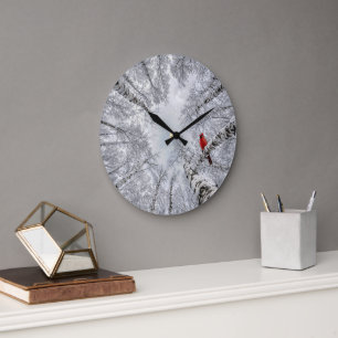 Red Cardinal In a Winter White Birch Forest Large Clock