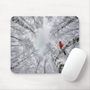 Red Cardinal In a Winter White Birch Forest Mouse Mat