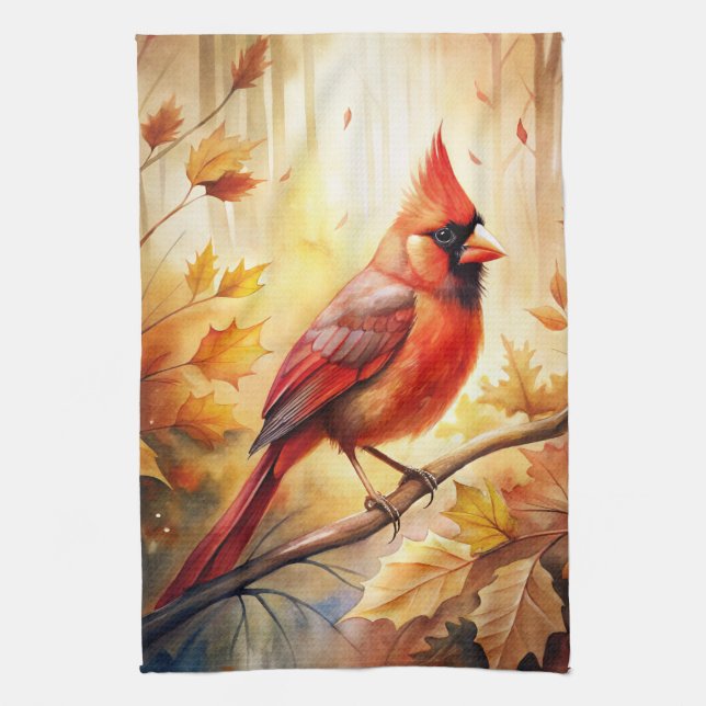 Red Cardinal in Autumn Fall Tea Towel (Vertical)