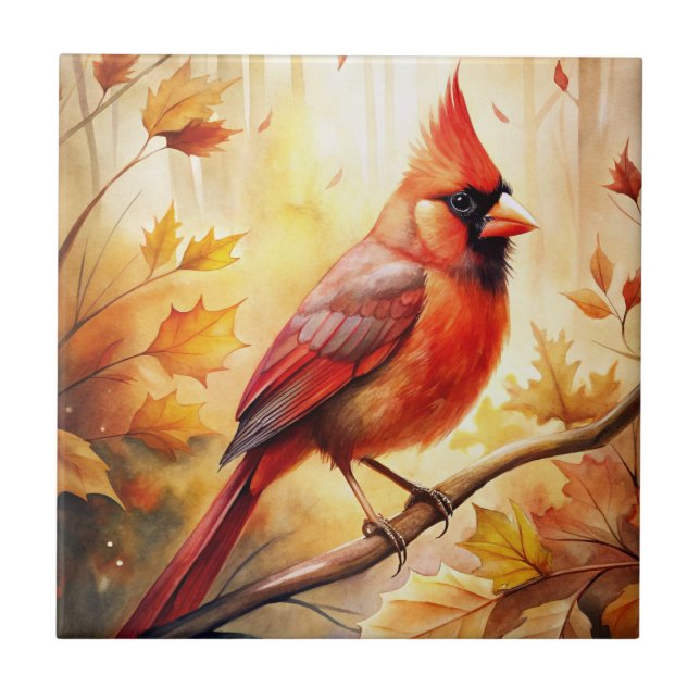 Red Cardinal in Autumn Fall Tile (Front)