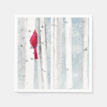 Red Cardinal in beautiful snowy Birch Tree Forest