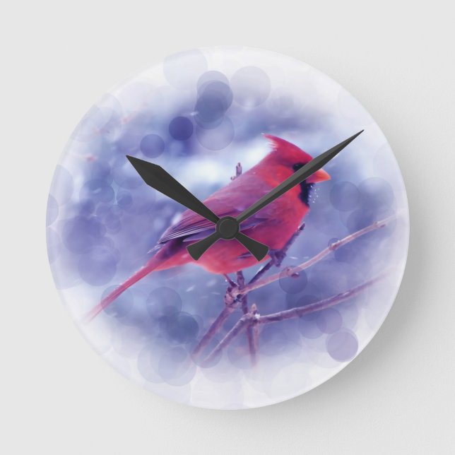 Red Cardinal in the Blizzard Round Clock (Front)