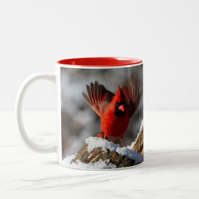 Red Cardinal in the Snow Two-Tone Coffee Mug (Left)