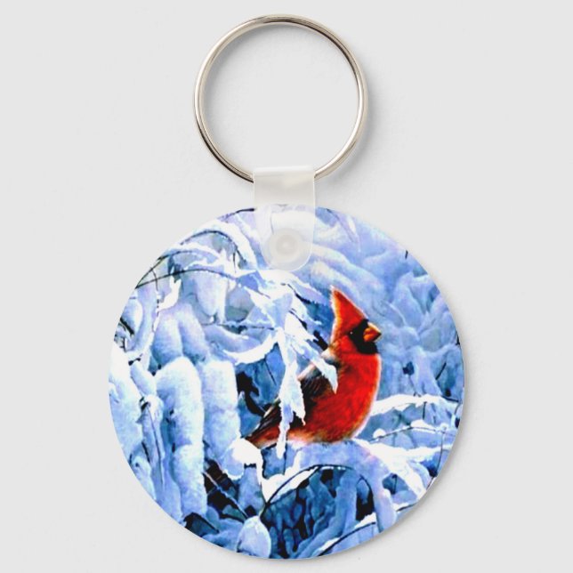 Red Cardinal In the Winter Snow Key Ring (Front)
