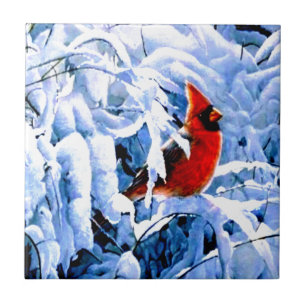 Red Cardinal In the Winter Snow Tile