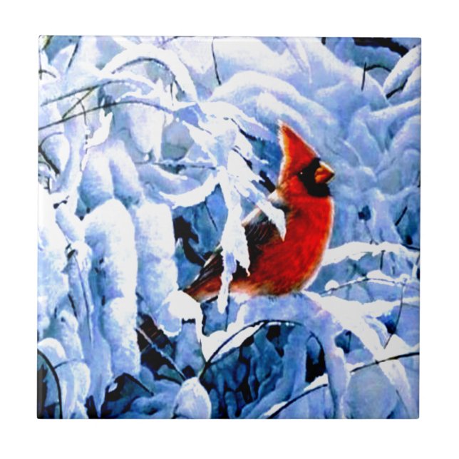 Red Cardinal In the Winter Snow Tile (Front)