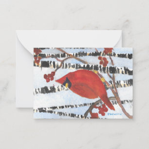 RED CARDINAL IN WHITE BIRCHES WITH BERRIES  CARD