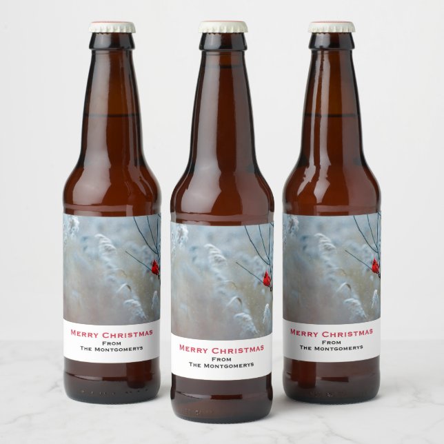 Red Cardinal in Winter Nature Photo Christmas Beer Bottle Label (Bottles)