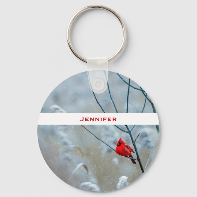Red Cardinal in Winter Nature Photo Christmas Key Ring (Front)