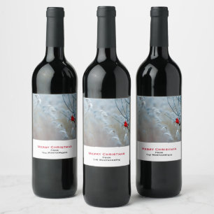 Red Cardinal in Winter Nature Photo Christmas Wine Label