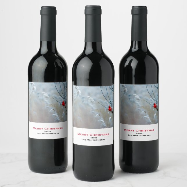 Red Cardinal in Winter Nature Photo Christmas Wine Label (Bottles)