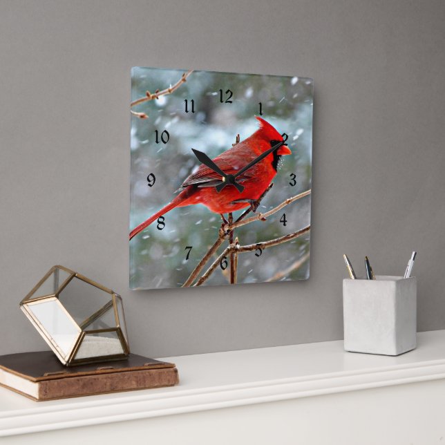 Red Cardinal in Winter Snow Square Wall Clock (Office)